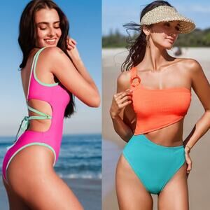NWT Cupshe Colorblock Cutout & Open Back Contrast Tie 1 PC Swimsuit Bundle M